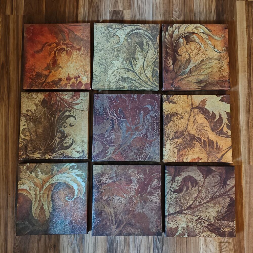 John Hopper 9-Piece Canvas Wall Art Set 12x12 Abstract Floral Rustic Decor
